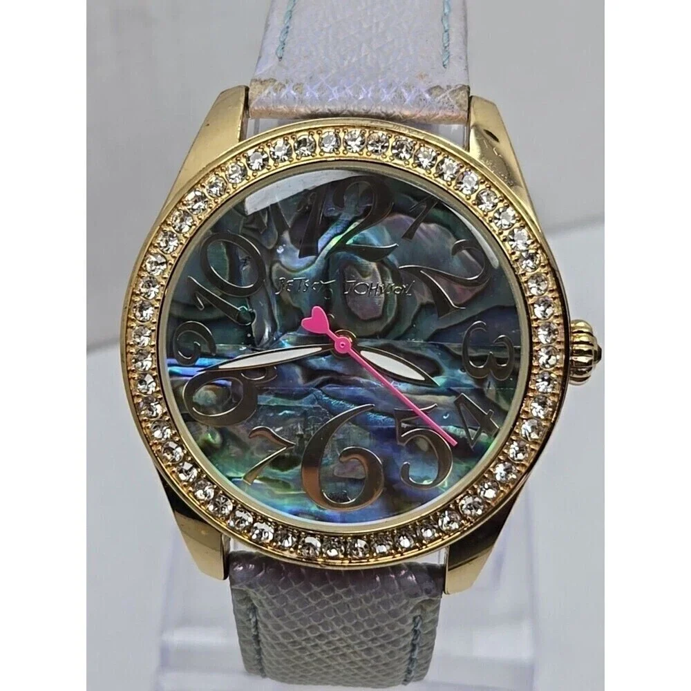 Betsey Johnson Abalone Dial Crystals Iridescent Purple Womens Watch New Battery